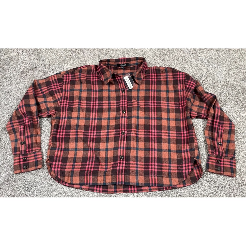 Madewell Shirt Womens XS Plaid Flannel Crop Button Down Orange Boxy Cabin NEW
